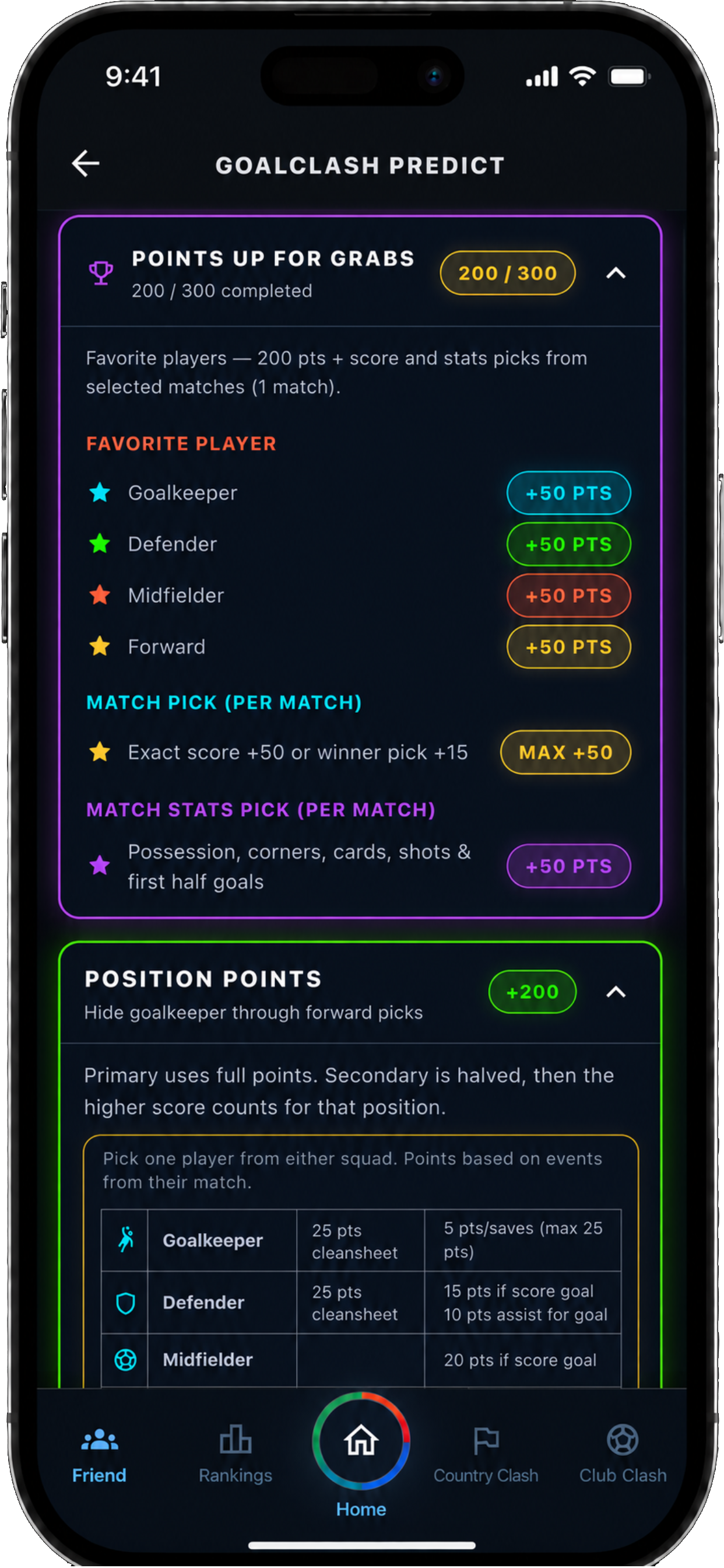 GoalClash Predict screen with position and fixture points